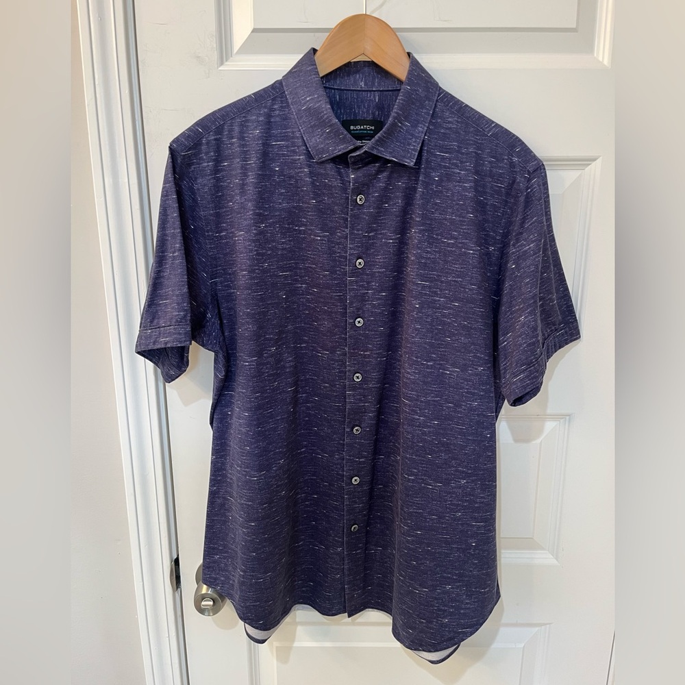 Bugatchi OoohCotton Tech Shirt Men's L Blue Melange 8-Way Stretch Knit S/S
